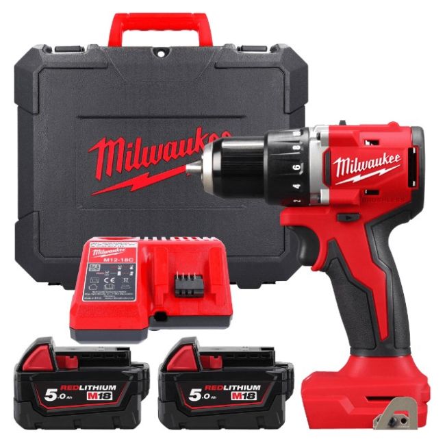 Дриль-шуруповерт акумуляторний безщітковий MILWAUKEE M18 BLDDRC-502С, 60,5Нм (зарядний пристрій М12-18 FС, 2 акумулятори М18 В5 (4933492835)
