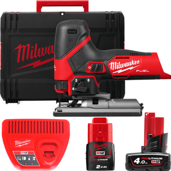 Лобзик акумуляторний безщітковий MILWAUKEE, M12 FJS-422X (зарядний пристрій С12 С, 1 акумулятор М12 В2 2Ач, 1 акумулятор М12 В4 (4933493348)
