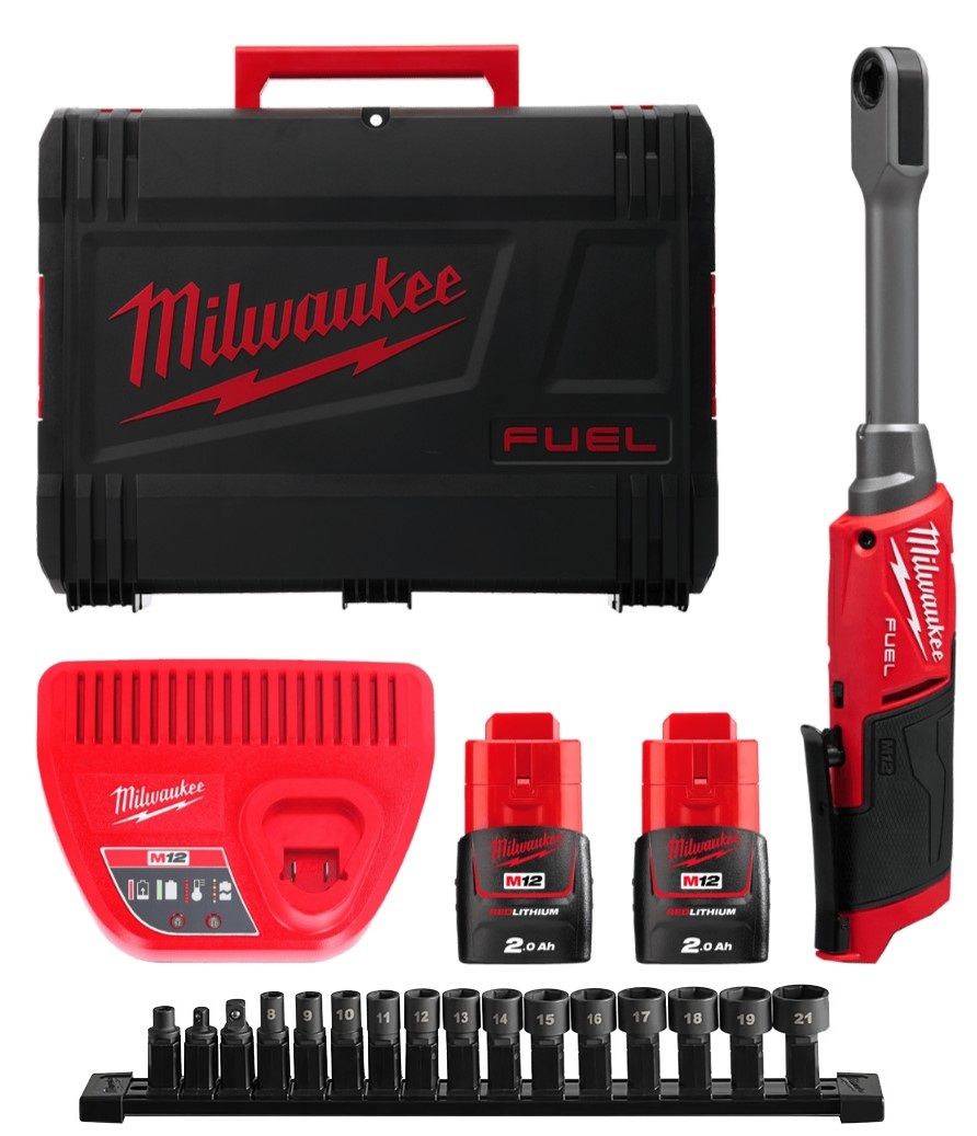 Гайковерт-тріскачка кутовий акумуляторний Hex 14.4мм MILWAUKEE, M12 FPTR-202X, 81Нм (зарядний пристрій С12 С, 2 акумуляториМ12 В (4933499411)