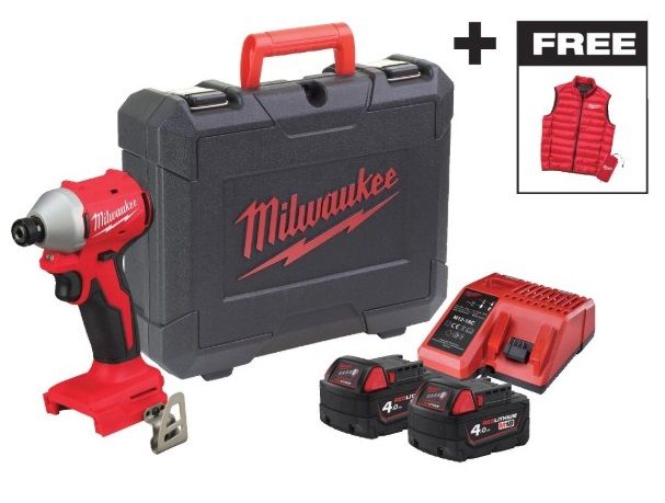 Шуруповерт ударний акумуляторний безщітковий MILWAUKEE M18 BLIDRCMC-402C (190Нм) (+ заряд.пристрій, 2 акум., HD кейс) + жилетка (4933499457)