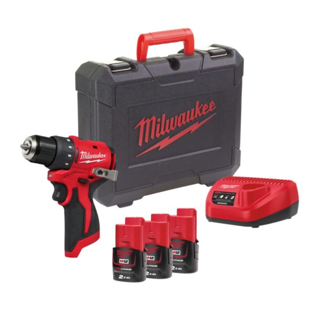 Дриль-шуруповерт акумуляторний безщітковий MILWAUKEE, M12 BLDDRC-203C, 40Нм (зарядний пристрій С12, 3 акумулятори М12 В2 2Аг, кл (4933499685)