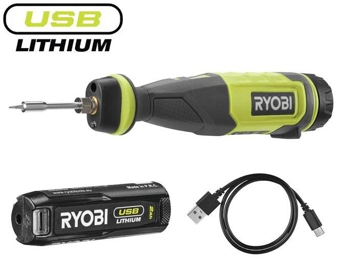 Паяльник акумуляторний Ryobi USB Lithium RSI4-120G 4В (1х2Аг) 460 С, LED підсвітка (+ Паяльне жало, Паяльний дріт (1 мм, 4 г), К (5133006146)