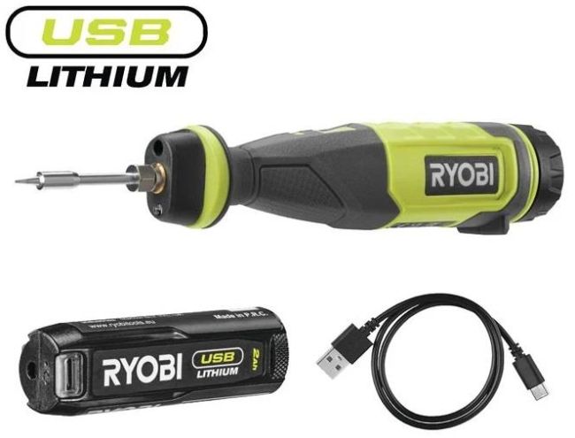 Паяльник акумуляторний Ryobi USB Lithium RSI4-120G 4В (1х2Аг) 460 С, LED підсвітка (+ Паяльне жало, Паяльний дріт (1 мм, 4 г), К (5133006146)