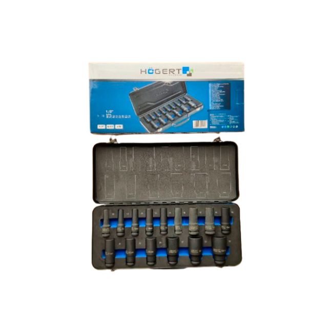 HOEGERT Набір торцевих ударних головок, 1/2", 15 шт, CrMo, довгі (HT4R049)