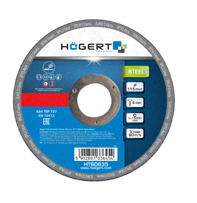 HOEGERT Круги для шліфування металу 115x6,0x22,23 10 шт (HT6D635)