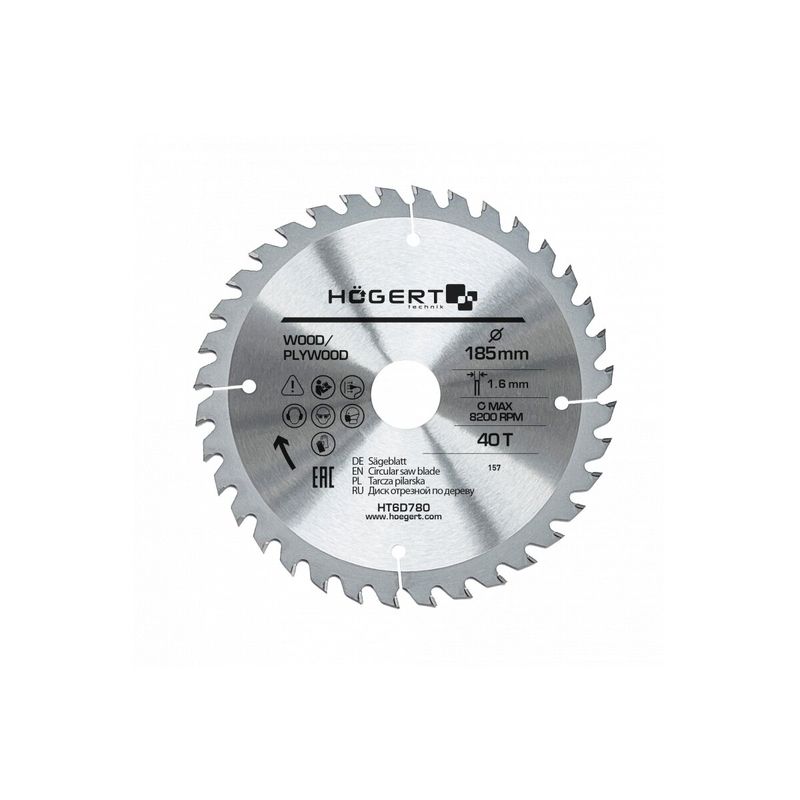 HOEGERT Диск пильний по дереву 185x40Tx30 Mn65 (HT6D780)