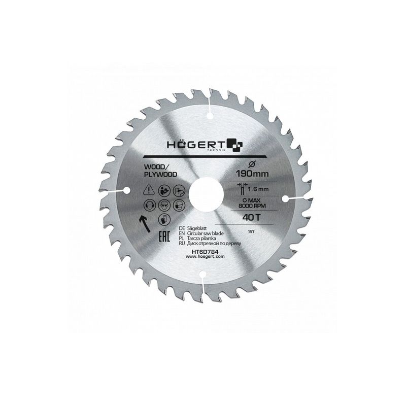 HOEGERT Диск пильний по дереву 190x40Tx30 Mn65 (HT6D784)