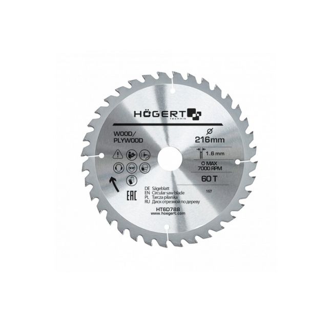 HOEGERT Диск пильний по дереву 216x60Tx30 Mn65 (HT6D788)
