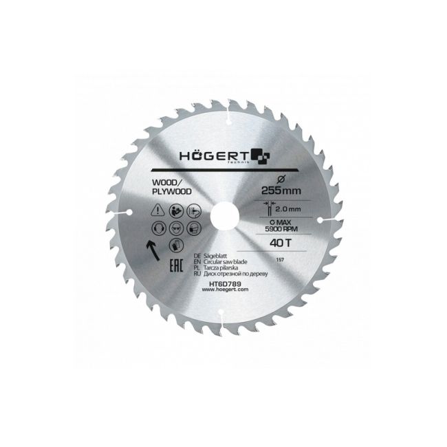 HOEGERT Диск пильний по дереву 255x40Tx30 Mn65 (HT6D789)