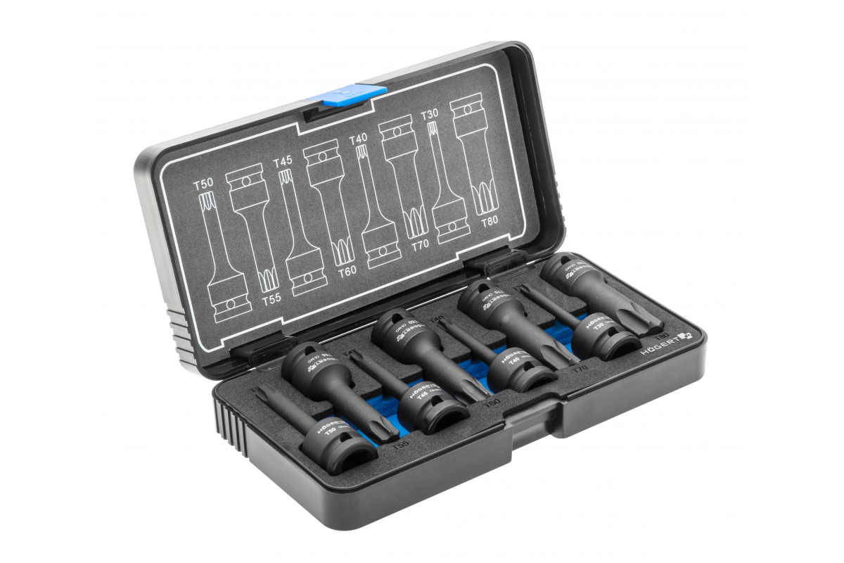 HOEGERT Набір торцевих ударних головок Torx, 8 шт., 1/2 ", CrMo (HT6R002)